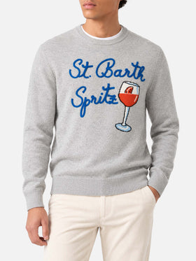 Light grey melange Heron crewneck sweater with St. Barth Spritz glass jacquard