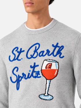 Light grey melange Heron crewneck sweater with St. Barth Spritz glass jacquard