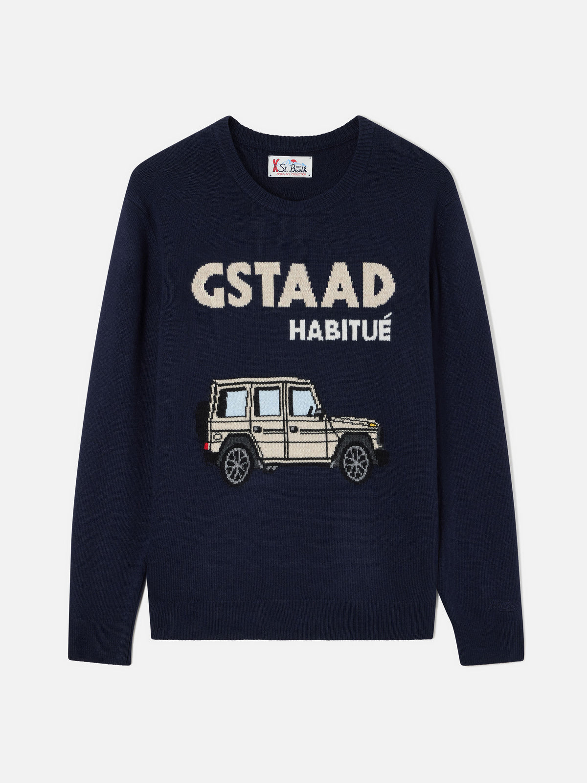Pull en maille col rond Heron Navy blue avec intarsia Gstaad Habitué 