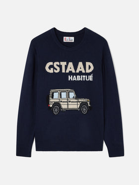 Pull en maille col rond Heron Navy blue avec intarsia Gstaad Habitué 