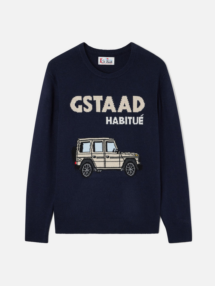 Marineblauer blue Heron Rundhals-Strickpullover mit Gstaad Habitué Intarsie 