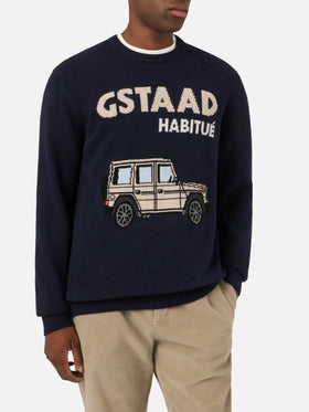Pull en maille col rond Heron Navy blue avec intarsia Gstaad Habitué 