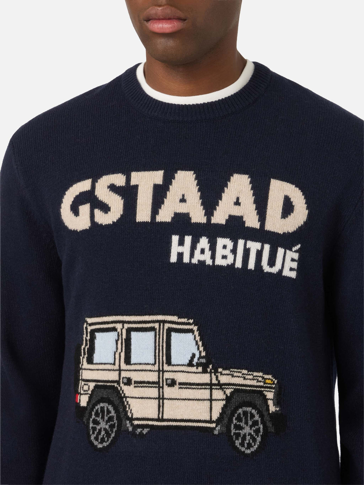 Pull en maille col rond Heron Navy blue avec intarsia Gstaad Habitué 
