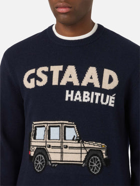 Pull en maille col rond Heron Navy blue avec intarsia Gstaad Habitué 