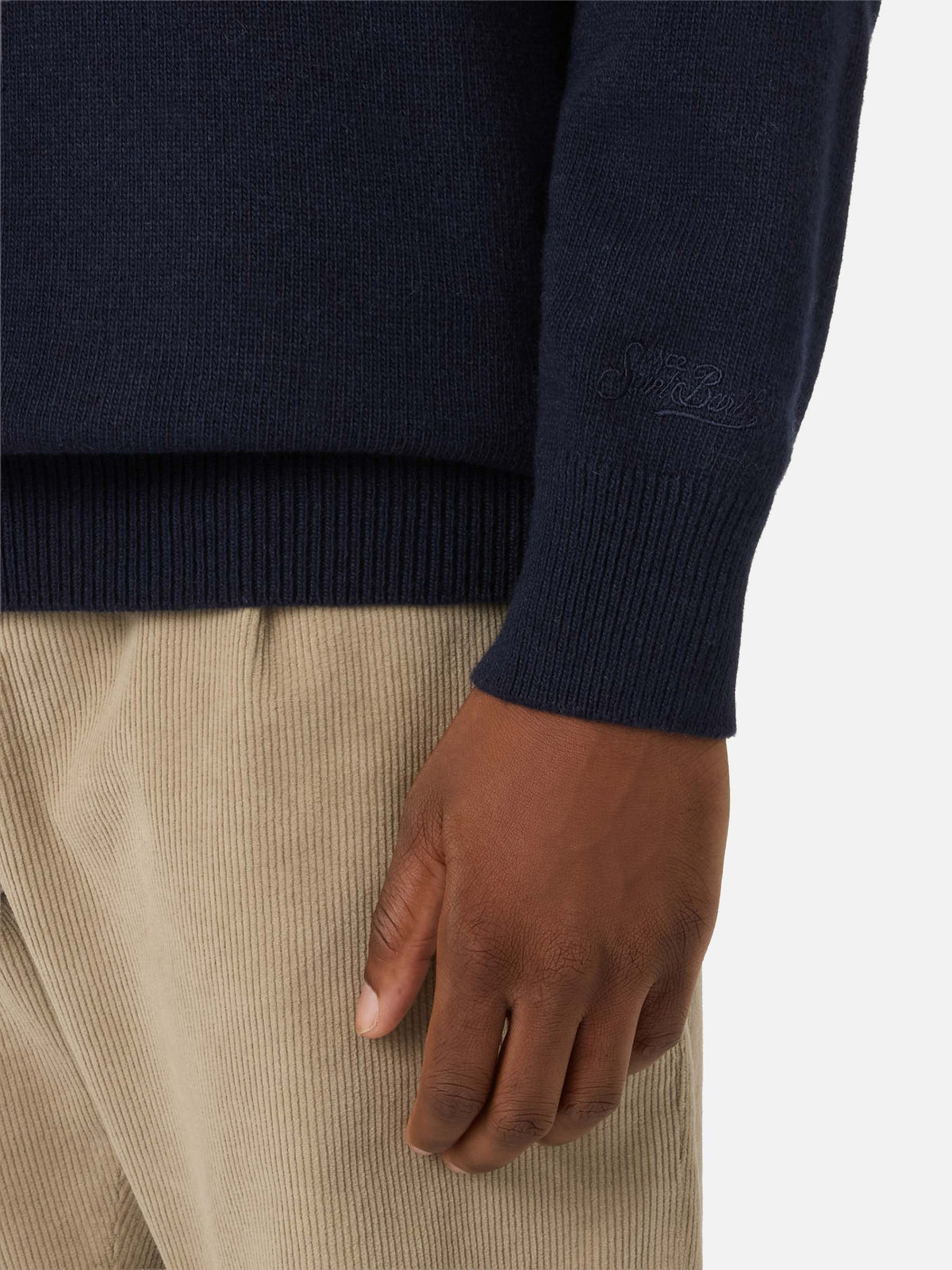 Pull en maille col rond Heron Navy blue avec intarsia Gstaad Habitué 