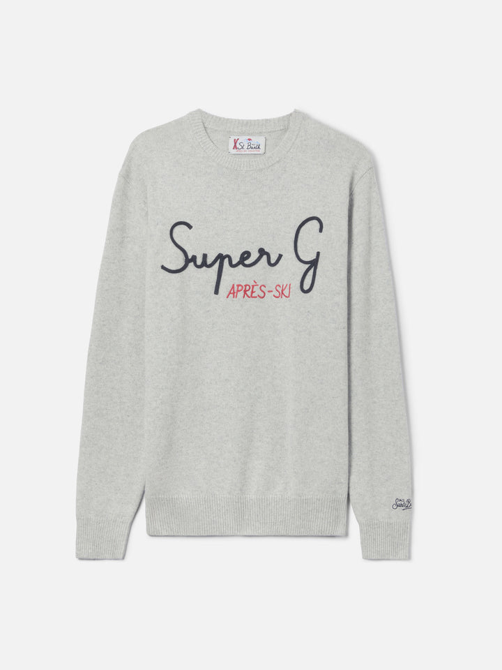 Light grey melange Heron crewneck sweater with Super G embroidery