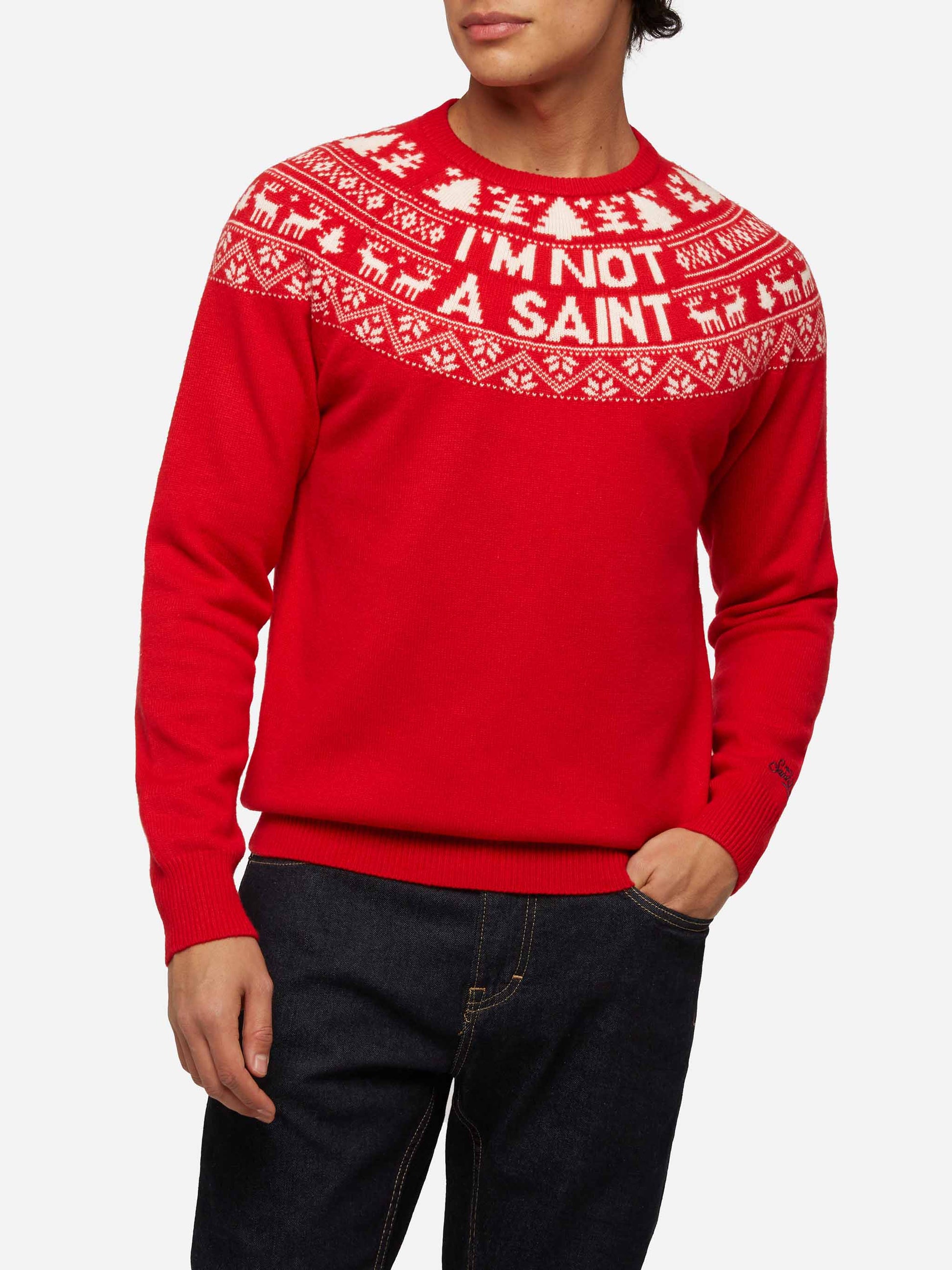 Red sweater Heron with fair isle jacquard and I'm not a Saint jacquard - MC2 Saint Barth