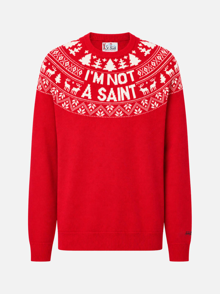 Roter Pullover Heron mit Fair-Isle-Jacquard und I'm not a Saint-Jacquard 