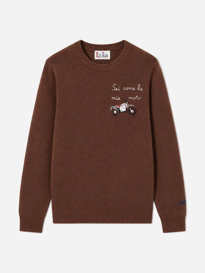 Maglia girocollo Heron marrone con ricamo Sei come la mia moto