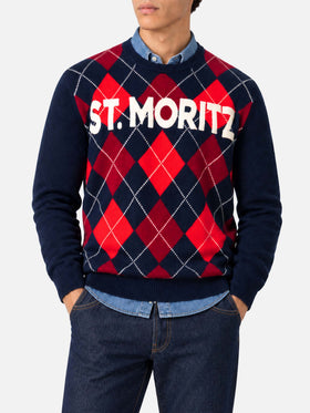 Red and blue Heron argyle sweater with St. Moritz jacquard