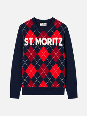 Red and blue Heron argyle sweater with St. Moritz jacquard