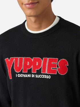 Heron Light Pullover in Schwarz mit Yuppies-Jacquardmuster und Stickerei | YUPPIES SONDEREDITION