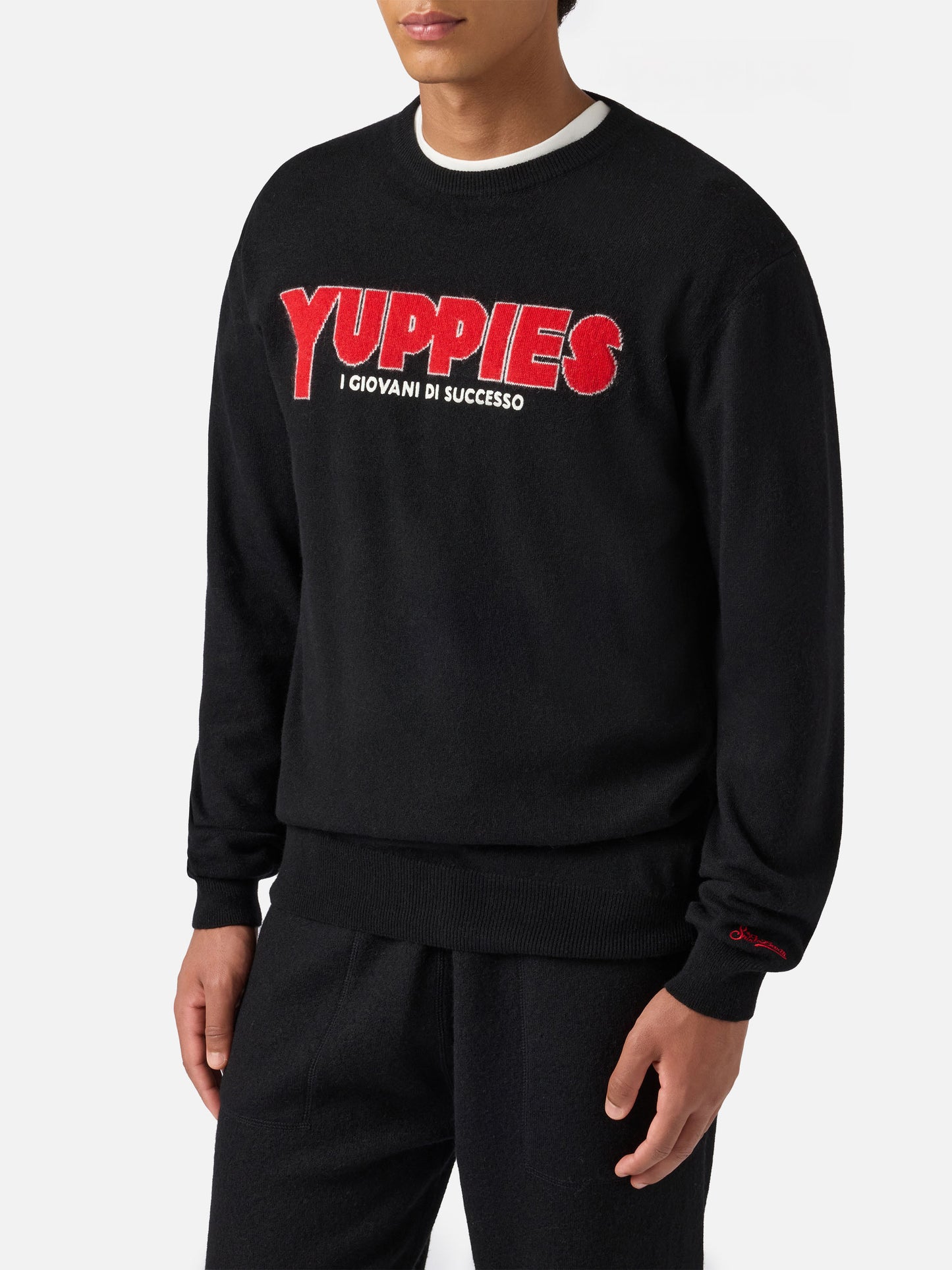 Heron Light Pullover in Schwarz mit Yuppies-Jacquardmuster und Stickerei | YUPPIES SONDEREDITION