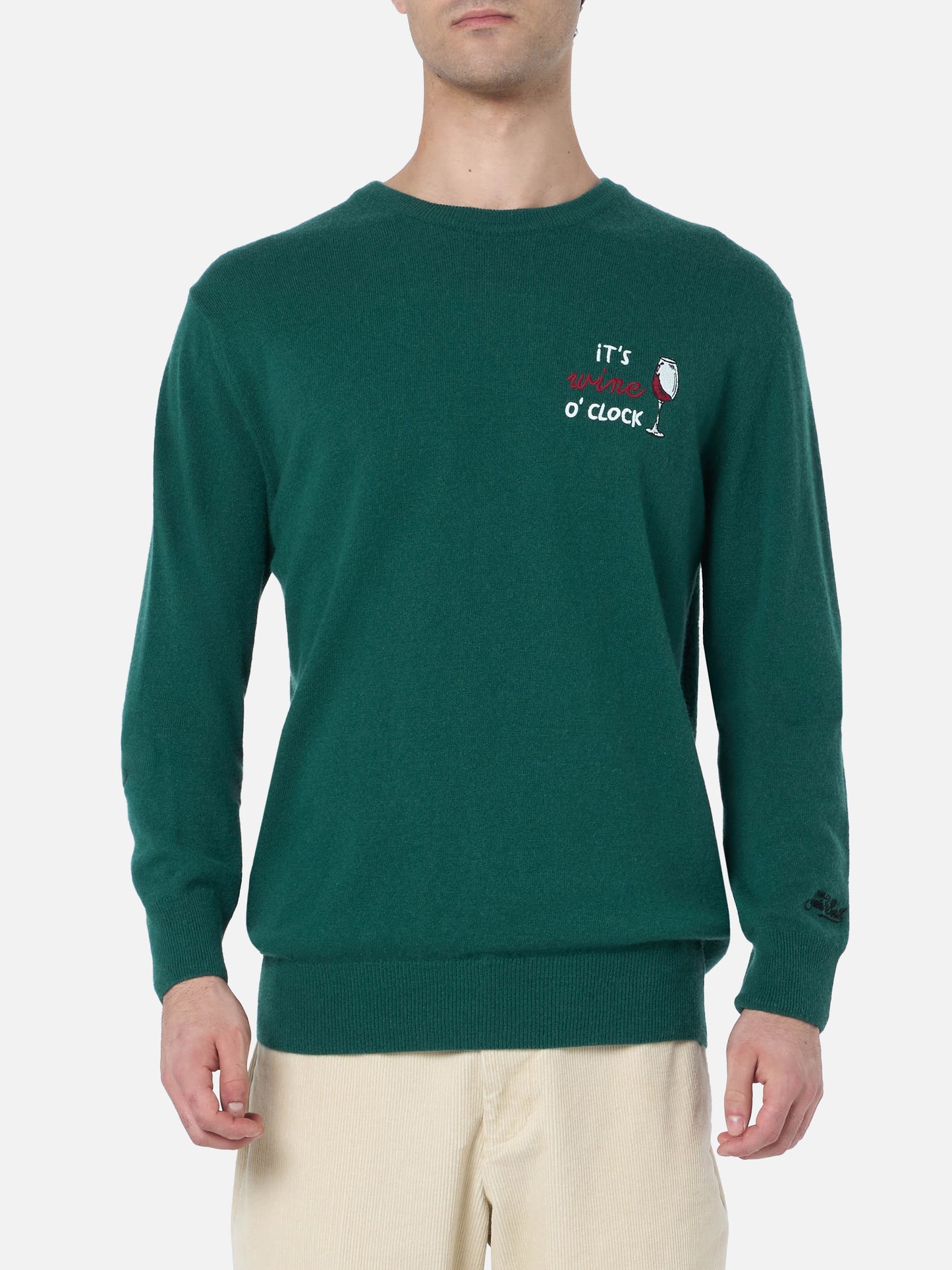 Man green sweater Heron with It's wine o'clock embroidery - MC2 Saint Barth