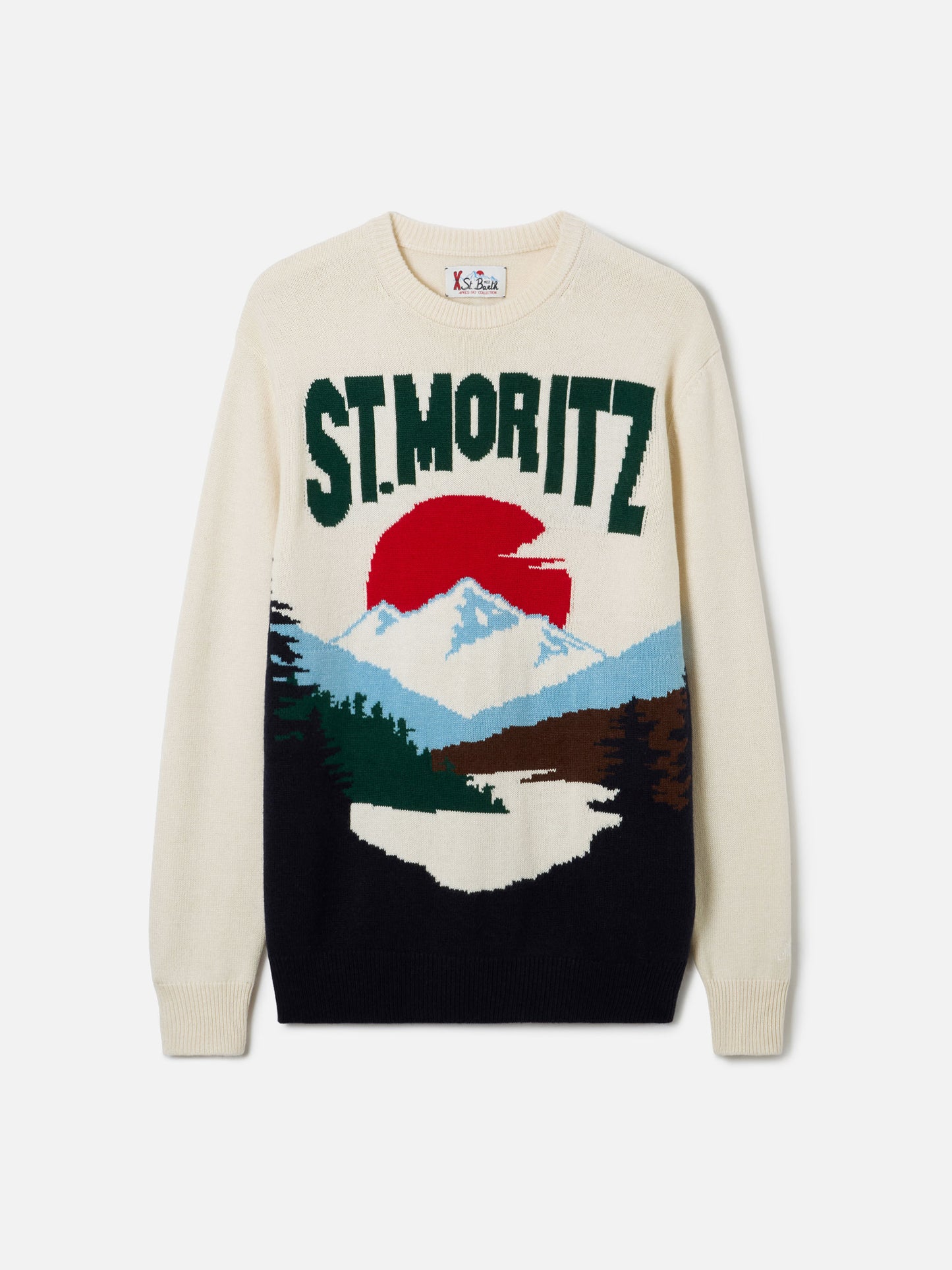 Rundhalspullover mit Reihermotiv und Jacquard-Muster mit Postkartenmotiv von St. Moritz