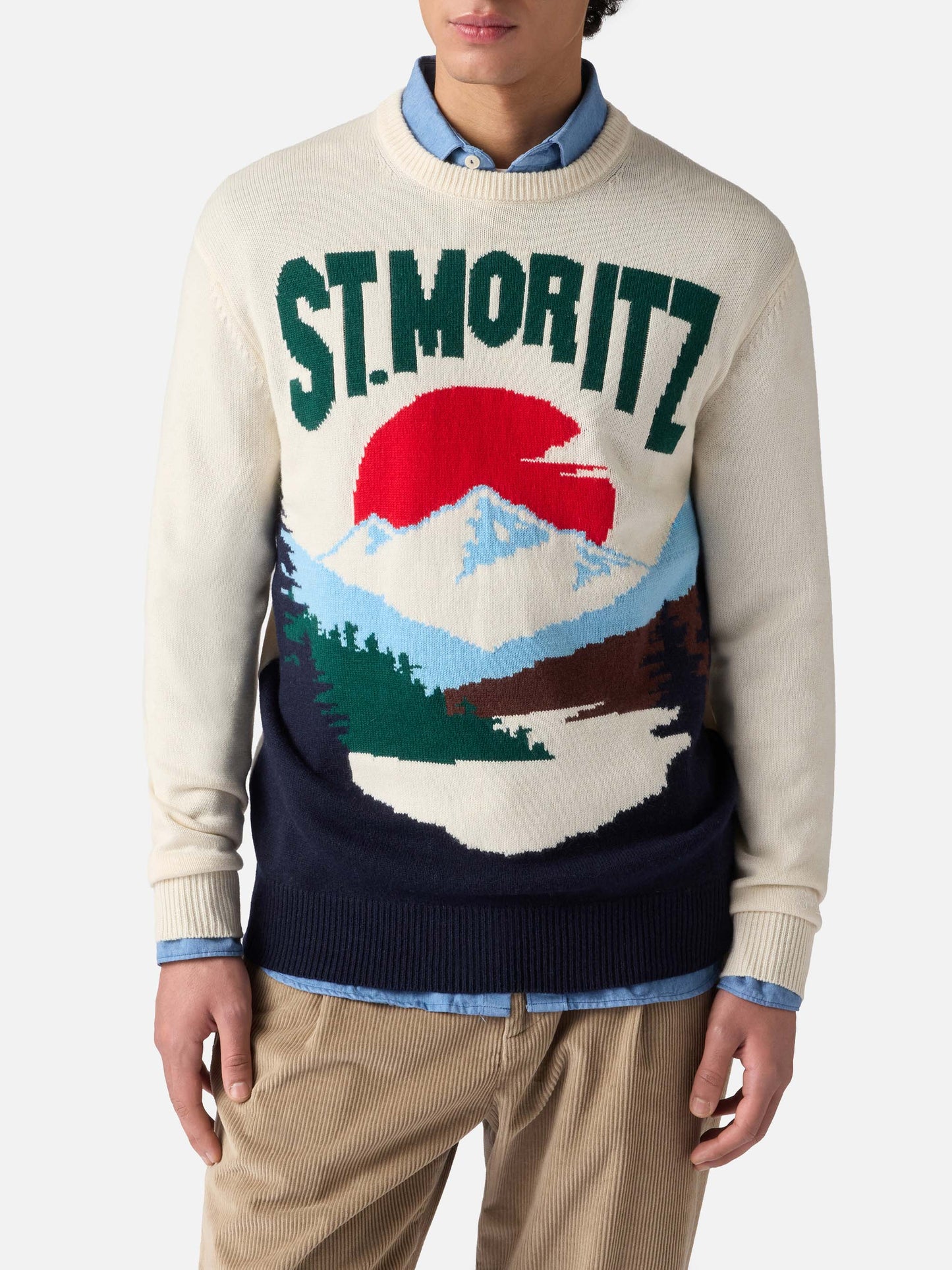 Rundhalspullover mit Reihermotiv und Jacquard-Muster mit Postkartenmotiv von St. Moritz