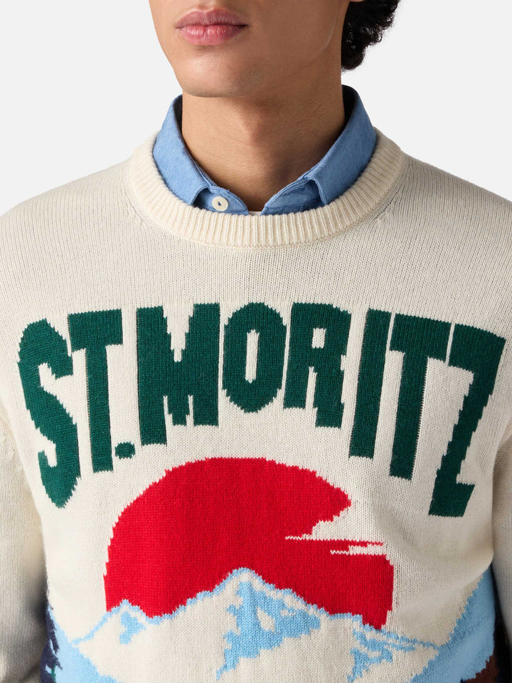 Rundhalspullover mit Reihermotiv und Jacquard-Muster mit Postkartenmotiv von St. Moritz
