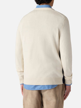 Rundhalspullover mit Reihermotiv und Jacquard-Muster mit Postkartenmotiv von St. Moritz