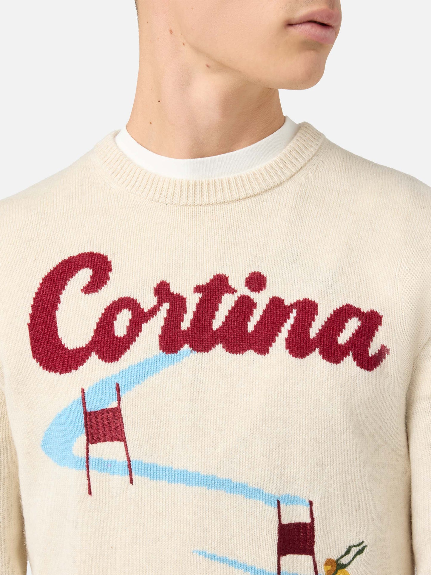 Heron-Pullover in Beige mit Cortina-Postkarten-Jacquardmuster
