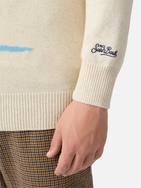 Heron-Pullover in Beige mit Cortina-Postkarten-Jacquardmuster
