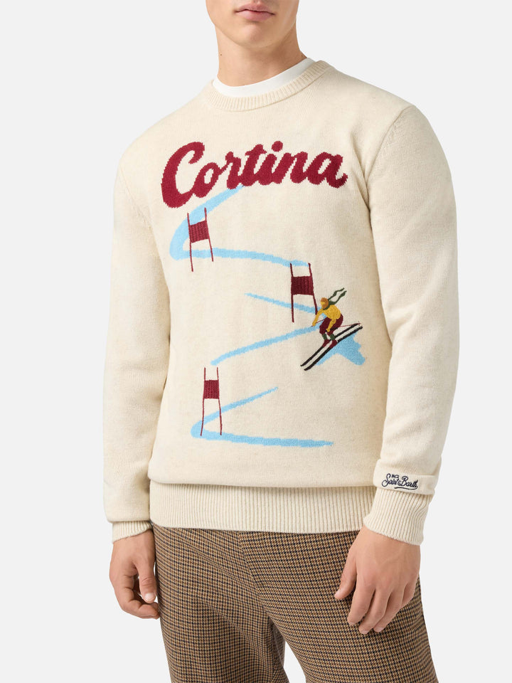 Heron-Pullover in Beige mit Cortina-Postkarten-Jacquardmuster