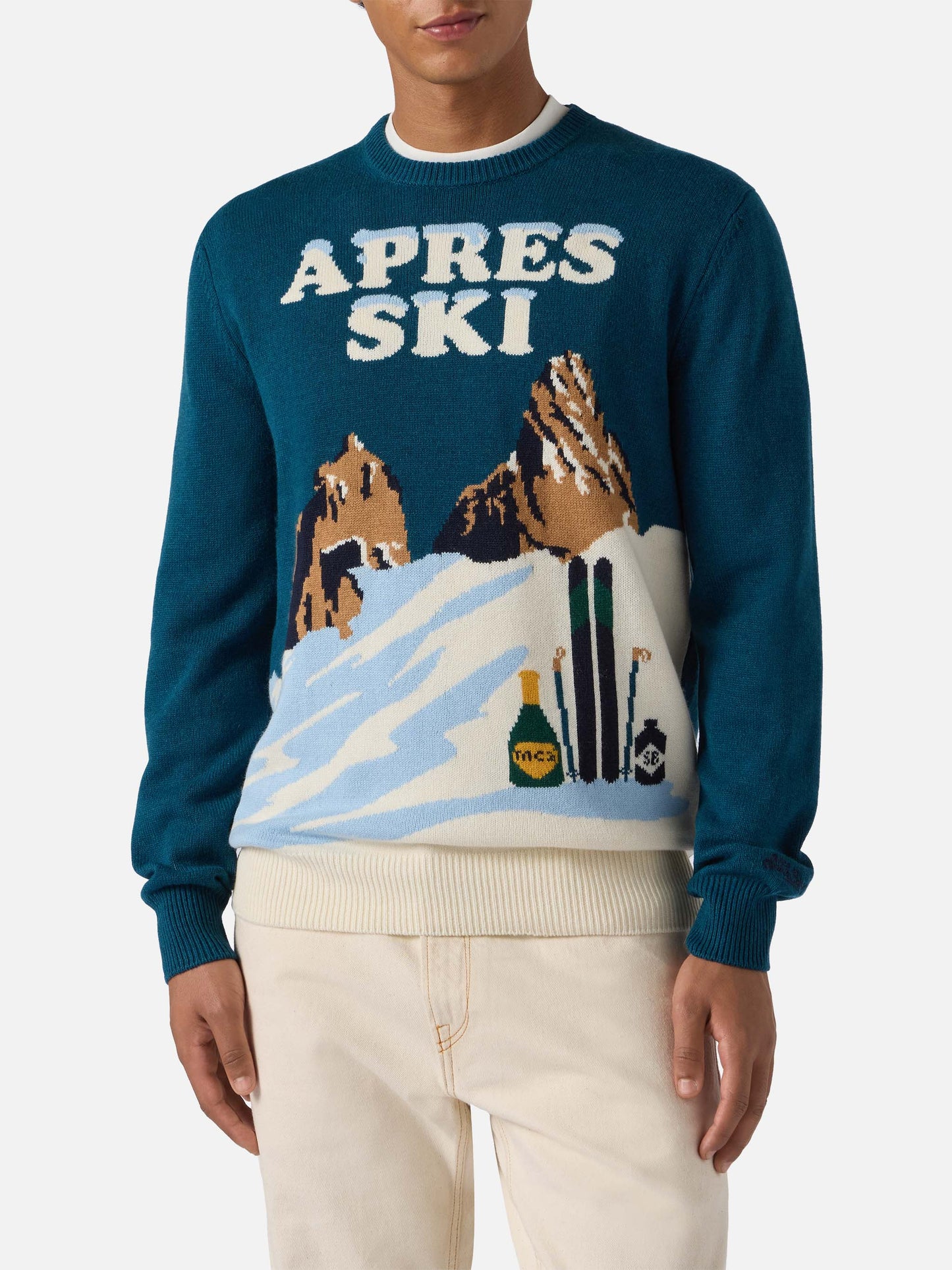Heron-Pullover in Türkisgrün mit Après-Ski-Postkarten-Jacquard