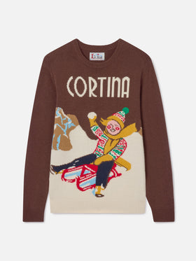 Crewneck sweater with Cortina postcard jacquard