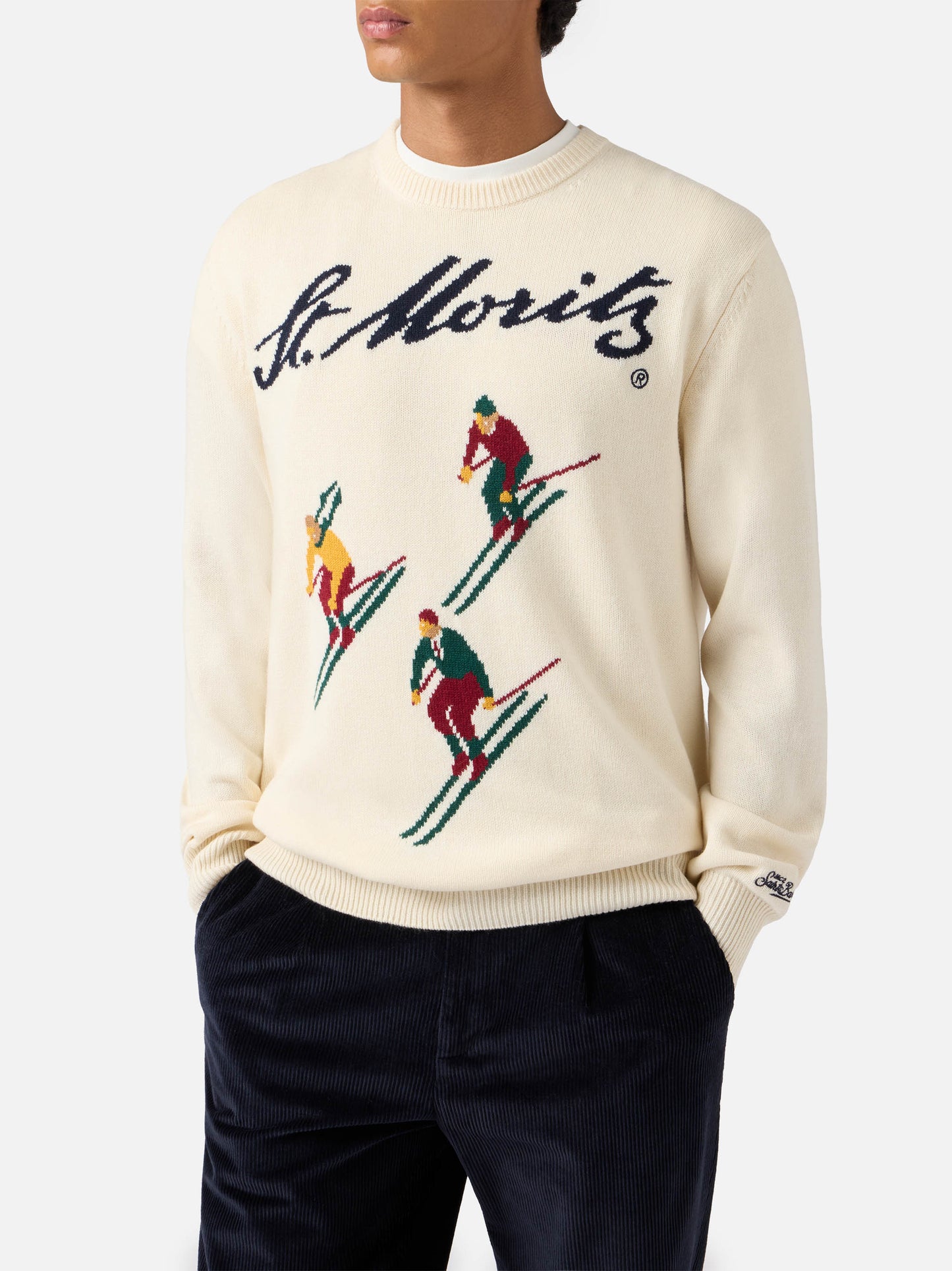 Heron-Pullover in Weiß mit Jacquardmuster einer Postkarte aus St. Moritz Ski