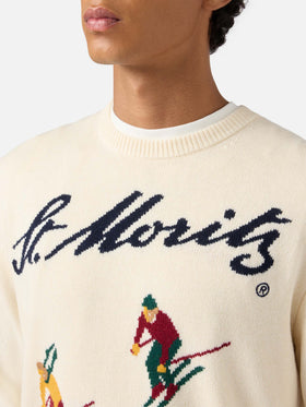 Heron-Pullover in Weiß mit Jacquardmuster einer Postkarte aus St. Moritz Ski
