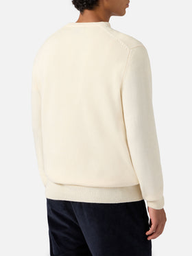 Heron-Pullover in Weiß mit Jacquardmuster einer Postkarte aus St. Moritz Ski
