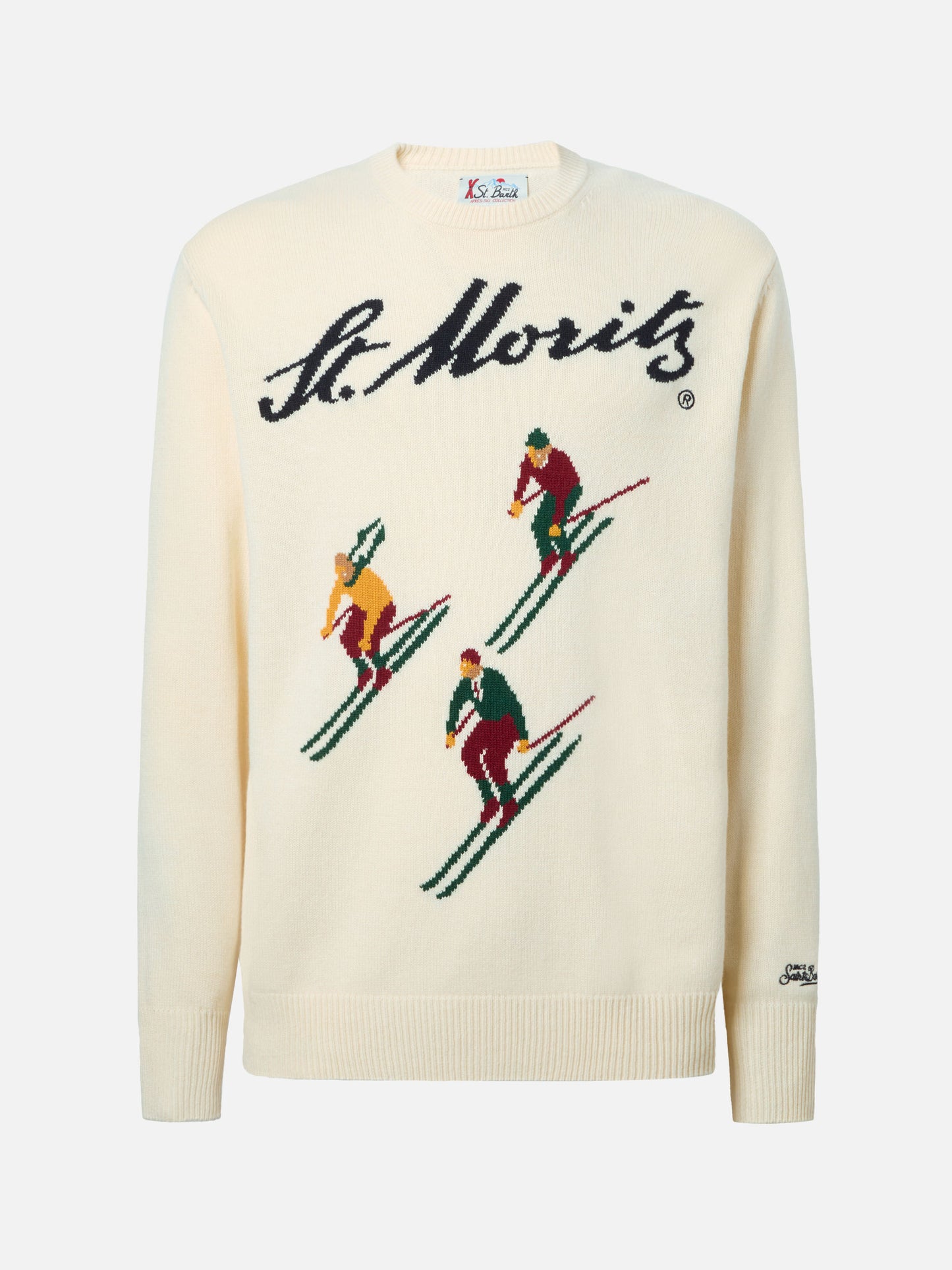 Heron-Pullover in Weiß mit Jacquardmuster einer Postkarte aus St. Moritz Ski