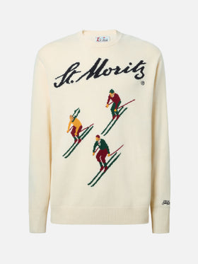 Heron-Pullover in Weiß mit Jacquardmuster einer Postkarte aus St. Moritz Ski