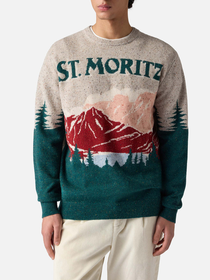 Donegal-Pullover mit Rundhalsausschnitt und Reihermotiv mit Jacquard-Muster und Postkartenmotiv aus St. Moritz