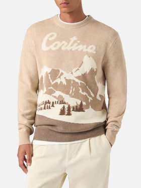 Beige Heron crewneck knit with Cortina intarsia