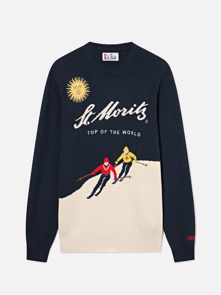 Navy blue Heron crewneck knit with St. Moritz intarsia and embroidery | Special edition