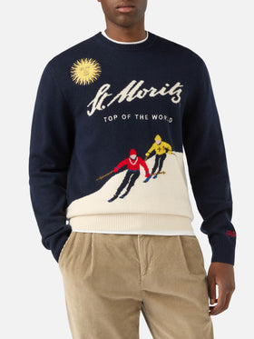 Jersey de punto con cuello redondo Heron Navy blue con intarsia y bordado St. Moritz | Special edition 