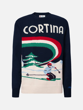 Heron-Pullover in Blau mit Cortina-Postkarten-Jacquardmuster
