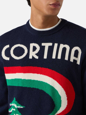 Heron-Pullover in Blau mit Cortina-Postkarten-Jacquardmuster