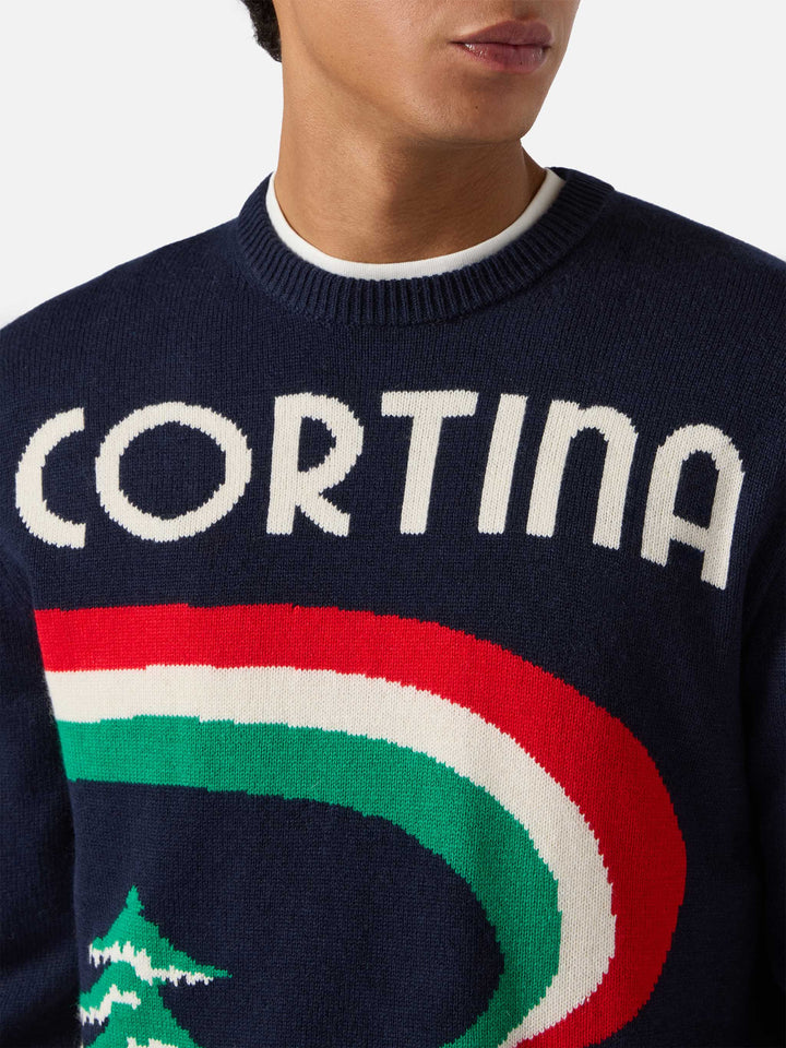 Heron-Pullover in Blau mit Cortina-Postkarten-Jacquardmuster