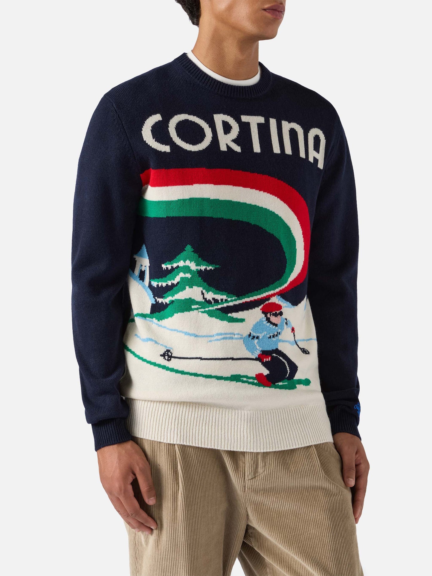 Heron-Pullover in Blau mit Cortina-Postkarten-Jacquardmuster