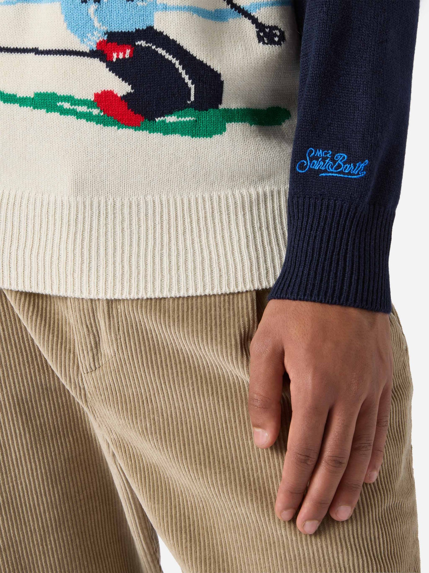Heron-Pullover in Blau mit Cortina-Postkarten-Jacquardmuster