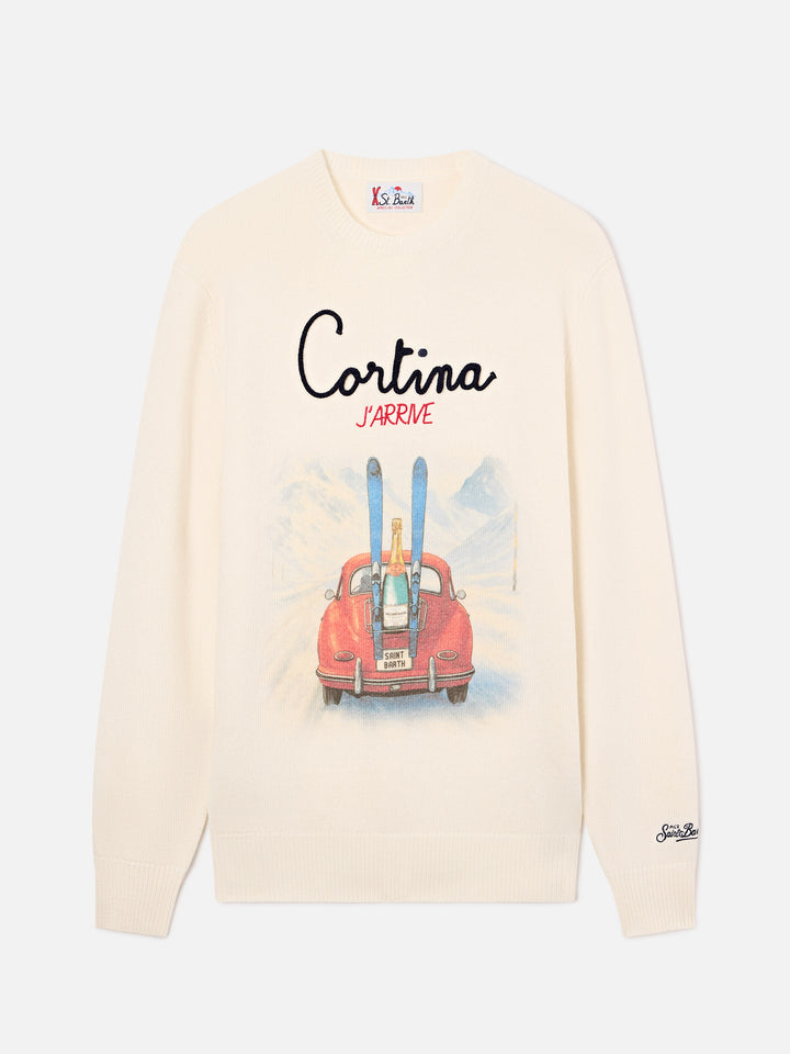 Maglia girocollo Heron grigia in misto lana e cashmere con intarsio e ricamo Cortina J'arrive