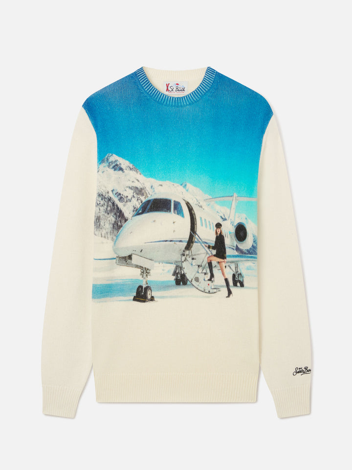 Jersey de cuello redondo Grey Heron en mezcla de lana y cachemira con intarsia y bordado private jet | Special edition 