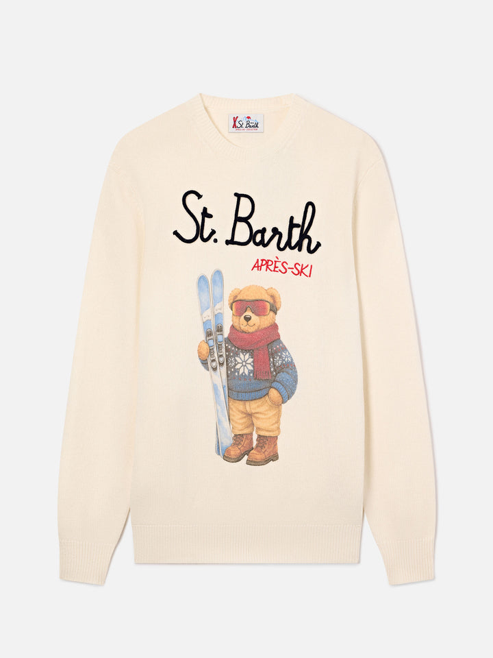 Grauer Rundhals-Strickpullover Grey Heron mit Teddybär-Intarsie und Stickerei 