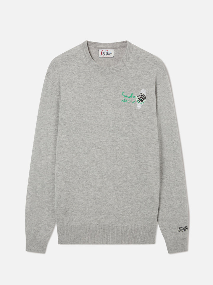 Jersey de cuello redondo Grey Heron en mezcla ligera de lana y cachemira con bordado Famola Strana 