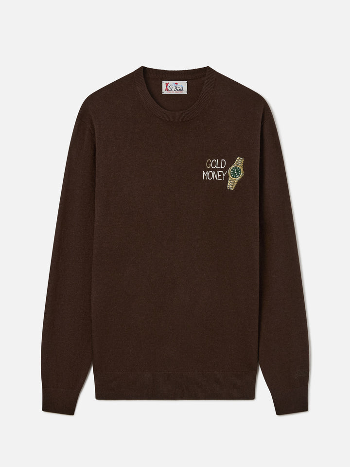 Jersey de cuello redondo Brown Heron en mezcla de lana ligera y cachemira con bordado Gold Money 