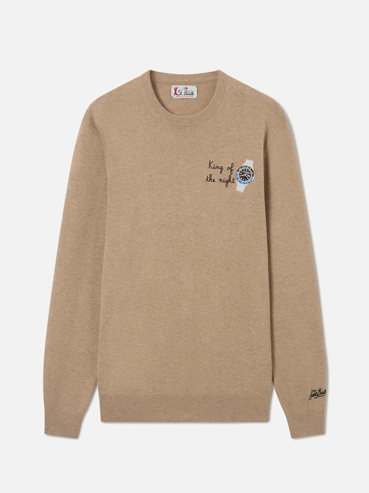Jersey de cuello redondo Beige Heron en mezcla de lana ligera y cachemira con bordado King Of The Night 