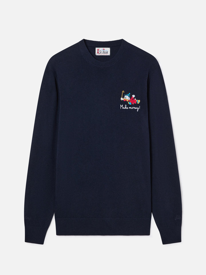 Navy blue Heron Rundhalspullover aus leichter Woll- und Kaschmirmischung mit Scrooge-McDuck-Stickerei | Special edition 
