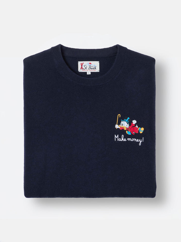 Navy blue Heron Rundhalspullover aus leichter Woll- und Kaschmirmischung mit Scrooge-McDuck-Stickerei | Special edition 