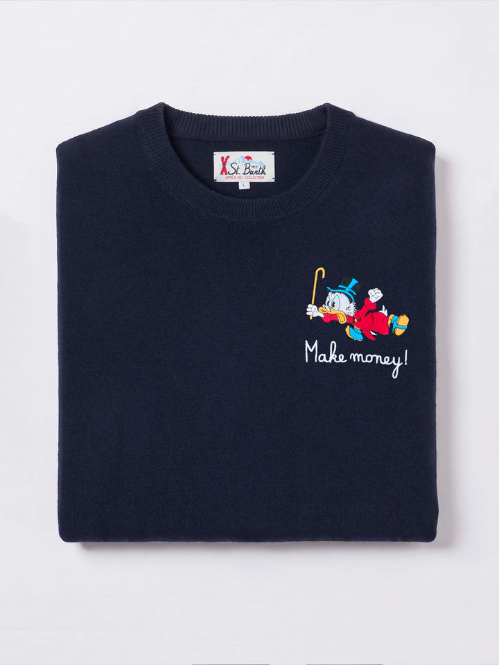 Azul marino blue Heron jersey de cuello redondo en mezcla ligera de lana y cachemira con bordado de Scrooge McDuck | Special edition 